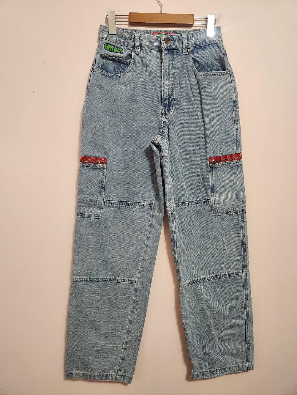 Empyre Tori High Rise Skater Cargo Jeans Acid Wash Red Zipper Grunge Y2K Size 2